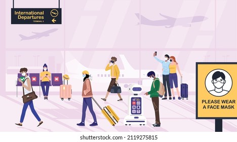 Travel illustration, Travelers at Airport departures. Vector