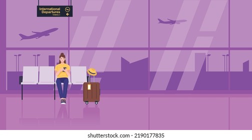 Travel illustration, Travelers at Airport departures. Vector