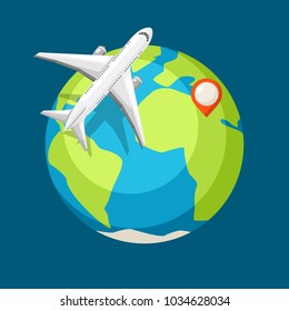 Travel illustration. Traveling background with airplane and earth.