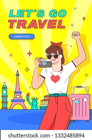 Travel illustration. Trendy Colorful retro comic style.