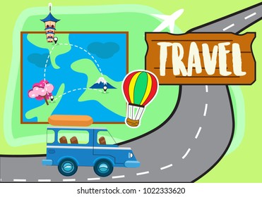 travel illustration vector with a car, air ballon, and map