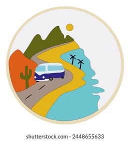 Travel illustration, vector flat travel car, pink and blue car, abstract color landscape