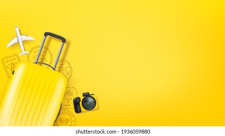 Travel illustration with yellow bag, aircraft model and stamps. Flat lay illustration