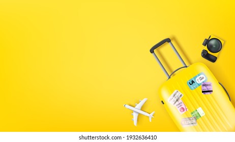 Travel illustration with yellow bag, camera and aircraft model. Flat lay illustration