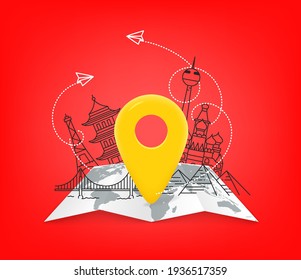 Ilustração de viagem com ponteiro amarelo e mapa de papel