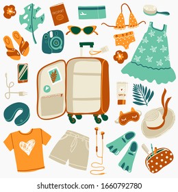 Travel illustrations elements, packing the suitcase on vacation at sea. Vector simple style.