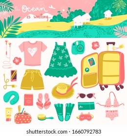 Travel illustrations elements, packing the suitcase on vacation at sea and horizontal landscape header. Vector simple style.
