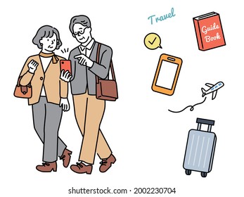 Travel illustrations .senior generation couples, smartphones, guidebooks, airplanes, travel, sightseeing, dates, old couples