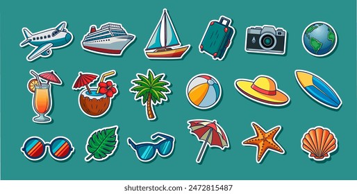 Conjunto de pegatinas de ilustraciones de viaje. Turismo y vacaciones de verano. Vector de dibujos animados pegatinas colección. Viaje y tour. Elementos gráficos.