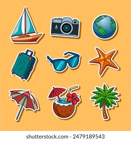 Travel illustrations stickers set. Tourism and summer vacations. Vector cartoon stickers collection. Journey and tour. Graphic elements.