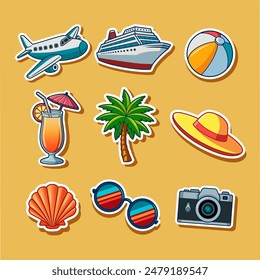 Travel illustrations stickers set. Tourism and summer vacations. Vector cartoon stickers collection. Journey and tour. Graphic elements.