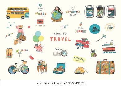 Travel illustrations vector doodle hand drawn set