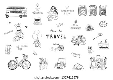 Travel illustrations vector doodle hand drawn line set