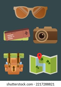 Travel image kit, suitcase, sunglasses, bus, plane, train or cruise travel tickets.