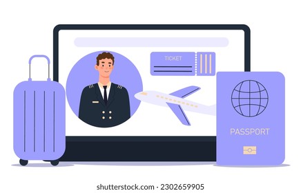 Travel or immigration. Man in suit next to ticket and plane. Flights and travel, documents and luggage. Online service for tourism. Holiday and vacation. Cartoon flat vector illustration