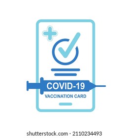 Travel immune passport in mobile. Covid-19 immunity certificate for shopping. Vector illustration thin line.  syringe symbol.