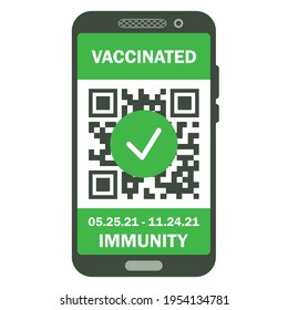 Travel immune passport in mobile phone. Covid-19 immunity certificate for safe traveling or shopping. Electronic health passport with QR code. Immunity digital document from coronavirus. Vector