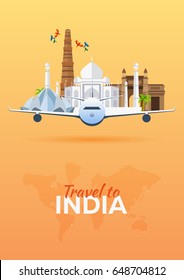 Travel to India. Airplane with Attractions. Travel vector banners. Flat style