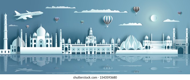 Travel India with ancient and modern building with Water reflection. Business brochure modern design.Travelling city to landmarks of asia with architecture and cityscape background.Vector illustration
