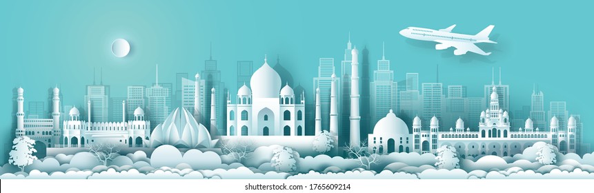 Travel India with ancient and modern building with Water reflection. Business travel poster and postcard.Travelling city to landmarks of asia with architecture cityscape background.Vector illustration