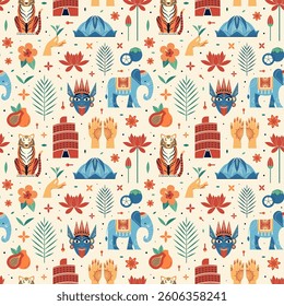 Travel to India and Asia pattern. Indian traditions, culture and landmarks on seamless background with popular attractions and symbols as architecture, animals, fruits, flowers and traditional mask.