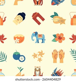 Travel to India and Asia seamless pattern. Indian traditions, cultural and architectural elements on repeating background. Explore Bharat colorful print with popular landmarks and symbols.