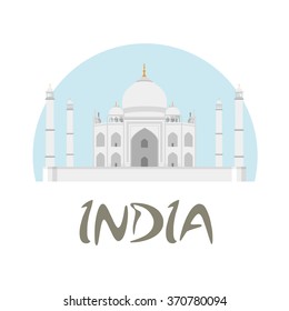 Travel India badge. Taj Mahal vector illustration with white and blue background and text India.