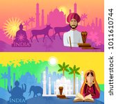 Travel to India banner. Taj mahal, elephants, saris, gods. Culture, traditions, attractions and people of India. Hinduism. illustration background set 