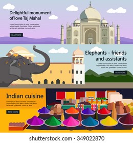 Travel to India banner vector set. Indian culture, tourist attractions and landmarks. Taj Mahal palace and spices market. Vector de stock