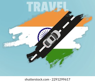 Travel to India by car, going holiday idea, vacation and travel banner concept, car on the road with India flag, international car travel, automobile going on a way, top view