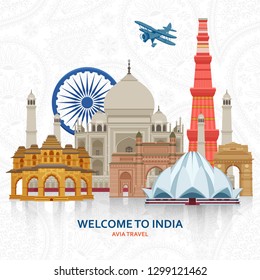 Travel in India concept. Indian most famous sights set. Architectural buildings. Famous tourist attractions.  Vector illustration.