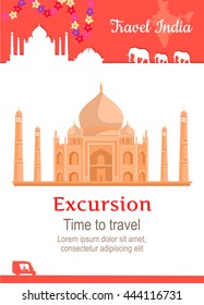 Travel India conceptual poster in flat style design. Summer vacation in exotic countries illustration. Journey to India vector template. Excursions to famous historical attractions concept.