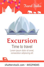 Travel India conceptual poster in flat style design. Summer vacation in exotic countries illustration. Journey to India vector template. Excursions to famous historical attractions concept.