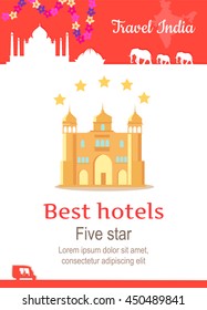 Travel India conceptual poster in flat style design. Summer vacation in exotic countries illustration. Journey to India vector template. Best hotels adn five stars service concept.