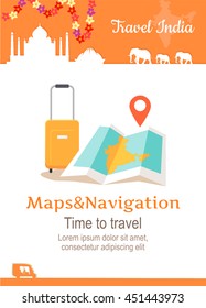 Travel India conceptual poster in flat style design. Summer vacation in exotic countries illustration. Journey to India vector template. Maps and navigation in a foreign country concept.