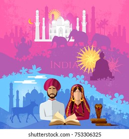 Travel to India. Culture, traditions, attractions and people of India. Taj mahal, elephants, saris, gods, Hinduism. illustration of Indian background set 
