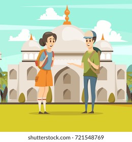 Travel in india flat composition with young  tourist couple on taj mahal mausoleum background vector illustration