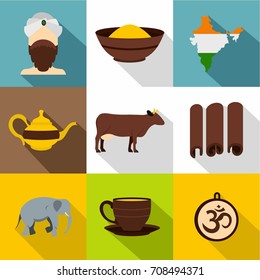 Travel to India icon set. Flat style set of 9 travel to India vector icons for web design