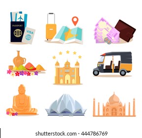 Travel India illustration in flat style design. Summer vacation in exotic countries concept. Taveler documents, money, buildings, food, transport, hotel, navigation, monuments vector icons.