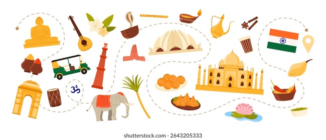Travel to India, Indian culture elements and famous landmarks, animal and food with hot spice on tour around country. Lotus Temple and Taj Mahal, Namaste and Sitar cartoon vector illustration