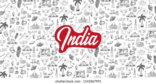 Travel to India. Indian Hand drawn doodles on background. Vector illustration