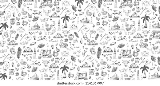 Travel to India. Indian Hand drawn doodles on background. Vector illustration