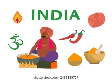 Viaje a la India, símbolos tradicionales de la India, iconos y atracciones. Vector Hindú hombre en ropa tradicional que está preparando la comida, especias tradicionales de la India, pimienta, gorra india e inscripción