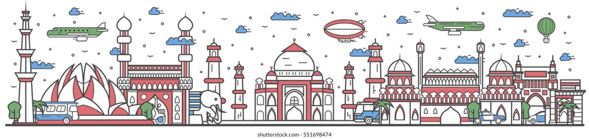 Travel India landmark banner vector illustration. World tour in India travel concept with famous modern and ancient architectural attractions. Must see India landmark panorama, tourist travel design