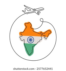Travel India one line vector illustration. Map of India and airplane drawing