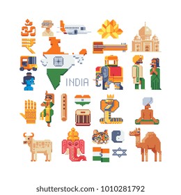 Travel India. Pixel art 80s style icons. Indian jornely landmark. Symbols country. Stickers design. Design elements for the invitation, greeting card, banner. Isolated vector illustration.