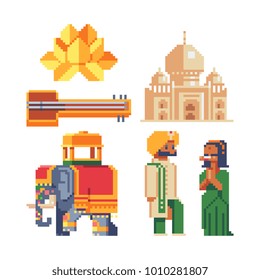 Travel India. Pixel art icons set. Landmark India. Taj Mahal, Lotus and elephant.  Hindus in national dress. Isolated vector illustration.