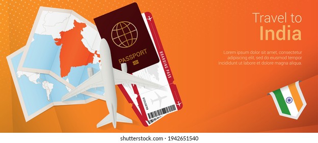 Travel to India pop-under banner. Trip banner with airplane tickets, boarding pass and passport with map and flag of India. Vector template.