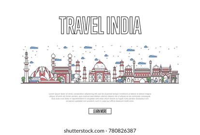 Travel India poster with architectural attractions in linear style. Worldwide traveling and time to travel concept. Indian skyline with famous landmarks, country tourism and journey vector background.