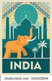 travel to india poster design, postage stamp, sticker, banner. 